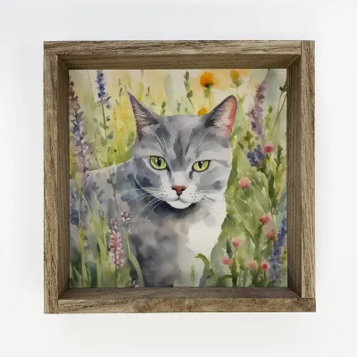 Wildflower Gray Cat Wood Frame 6x6" Mini Canvas Art with Wood Box Frame