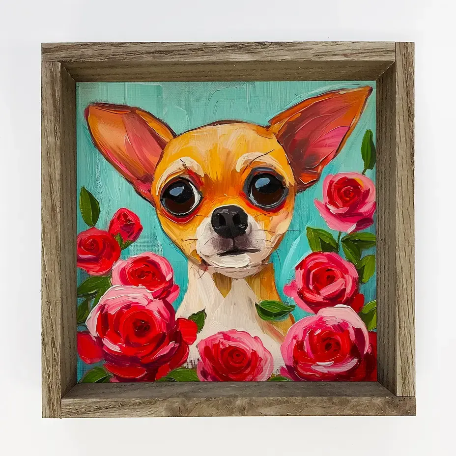 Chihuahua with Red Roses 6x6" Mini Canvas Art with Wood Box Frame
