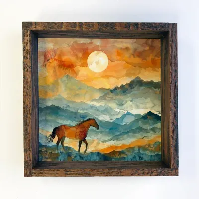 Horse on the Horizon Wood Framed Decor - 6x6" Mini Canvas Art with Wood Box Frame