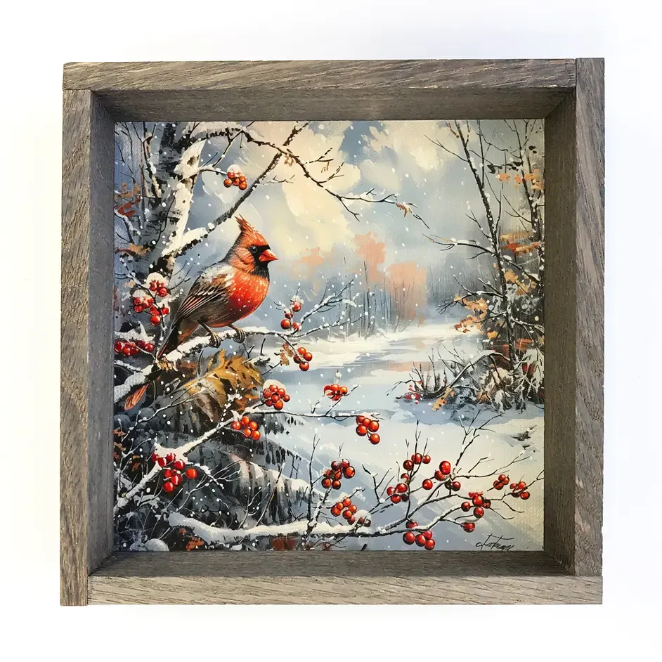 Cardinals in Tree Wood Framed Art - 6x10" Mini Canvas Art with Wood Box Frame