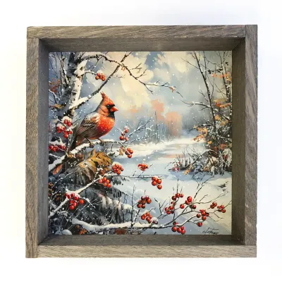Cardinals in Tree Wood Framed Art - 6x10" Mini Canvas Art with Wood Box Frame