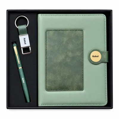 Personalized  Dual Colour Diary, Pen, Keychain Combo (Green Colour)
