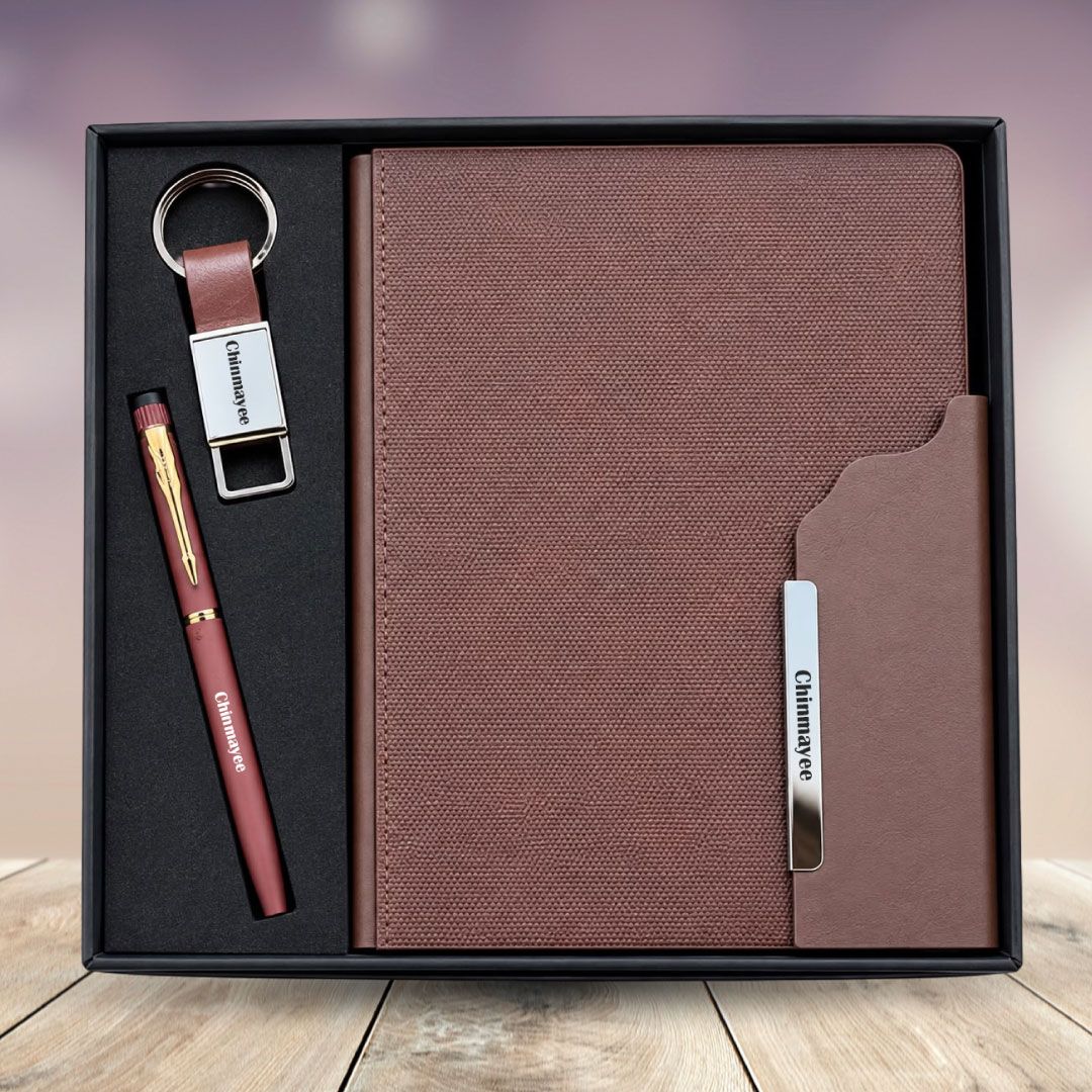 Personalized Strivo Diary, Pen, Keychain Combo (Brown Colour)