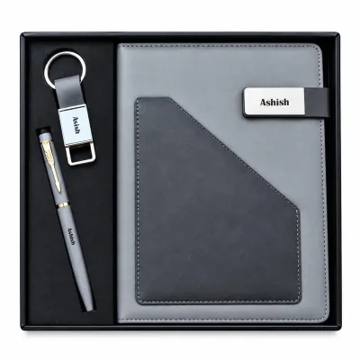 Personalized Terra Luxe Diary, Pen, Keychain Combo (Charcoal Black Colour)