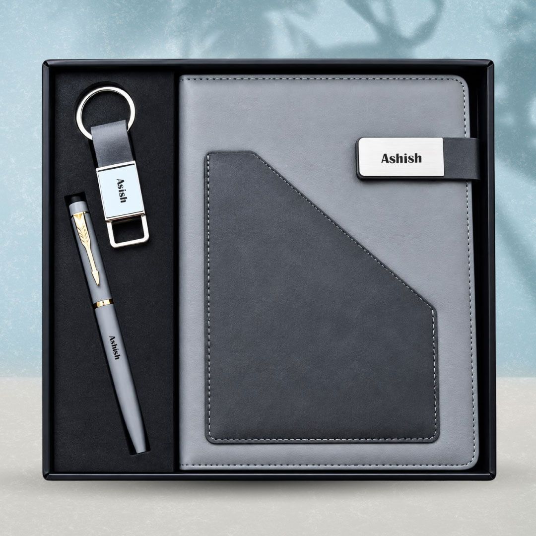 Personalized Terra Luxe Diary, Pen, Keychain Combo (Charcoal Black Colour)