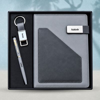 Personalized Terra Luxe Diary, Pen, Keychain Combo (Charcoal Black Colour)