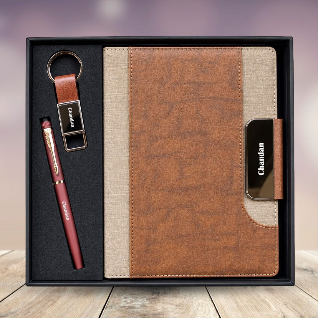 Personalized Titan Edge Diary, Pen, Keychain Combo (Bronze Ash Colour)