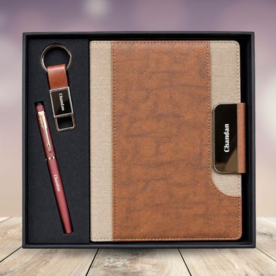 Personalized Titan Edge Diary, Pen, Keychain Combo (Bronze Ash Colour)