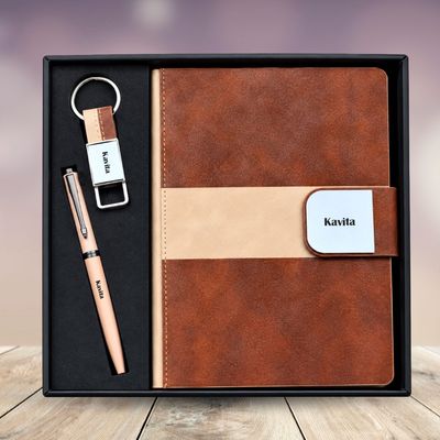 Personalized Velmont Executive Diary, Pen, Keychain Combo (Vintage Walnut Colour)