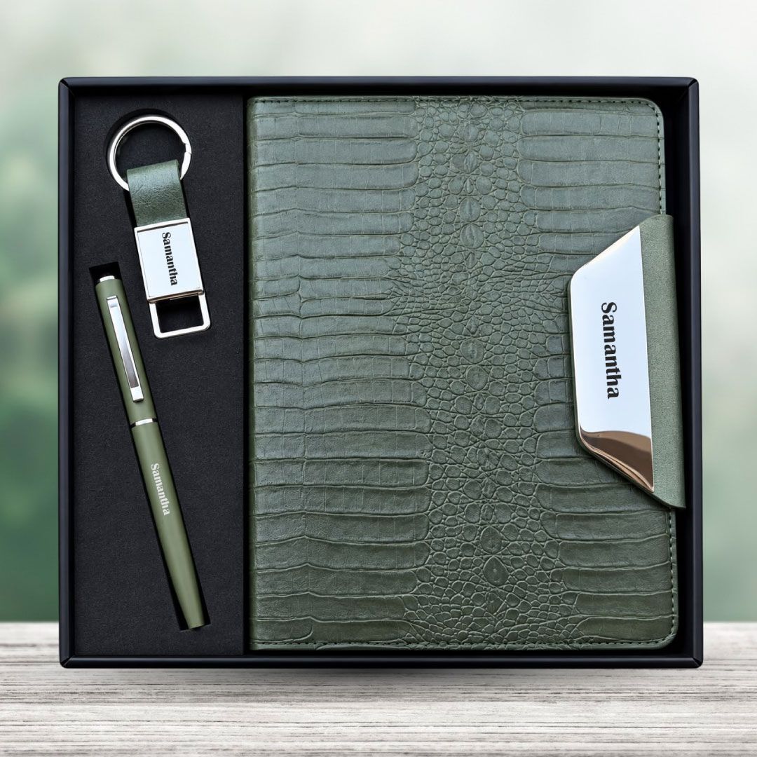 Personalized Alpha Croc Diary, Pen, Keychain Combo (Forest Luxe Colour)