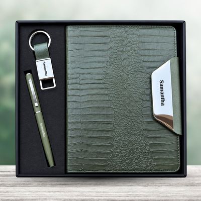 Personalized Alpha Croc Diary, Pen, Keychain Combo (Forest Luxe Colour)
