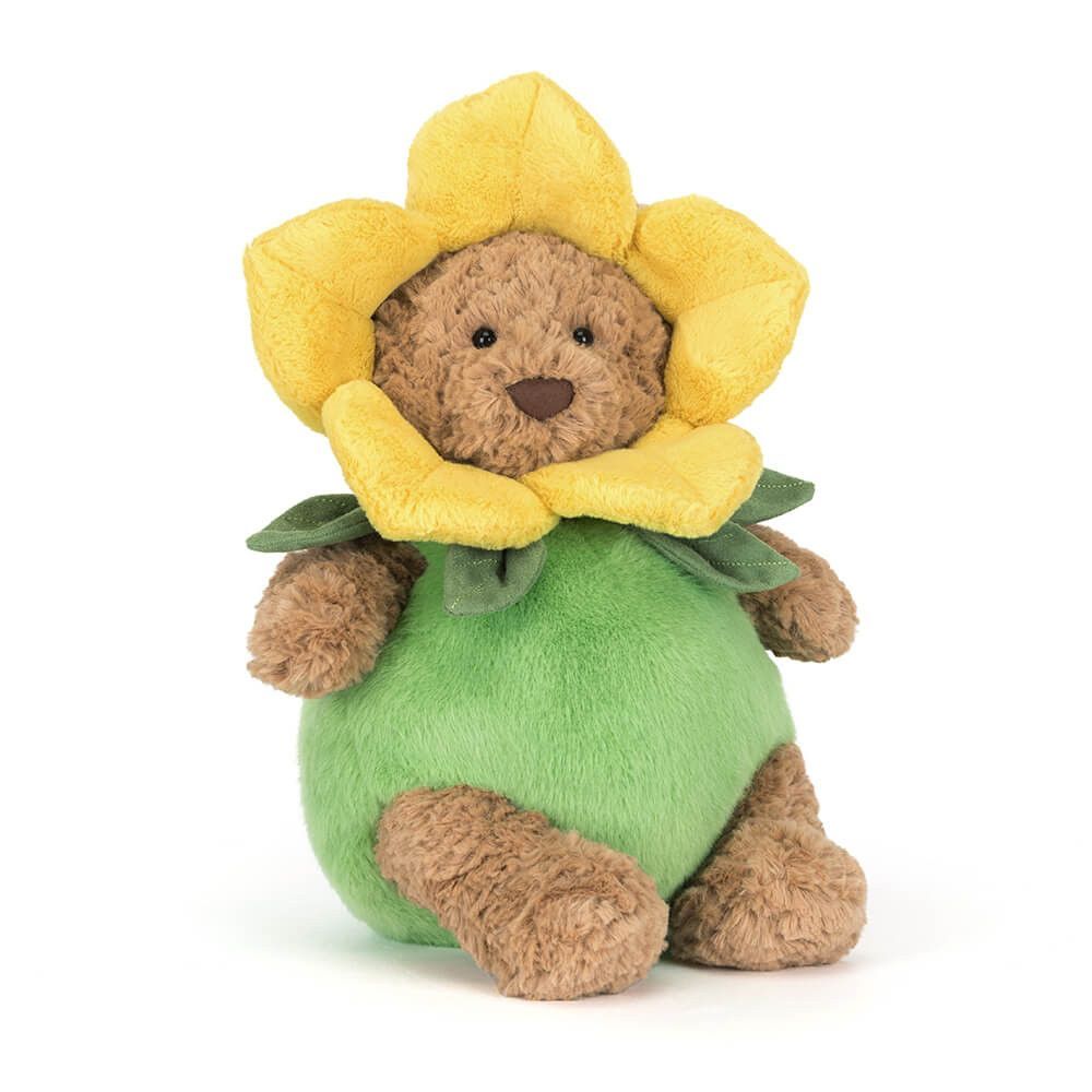 Jellycat Bartholomew Bear in Medium im Narzissen-Outfit, Teddybär im Blumenkostüm, Ansicht diagonal von vorne