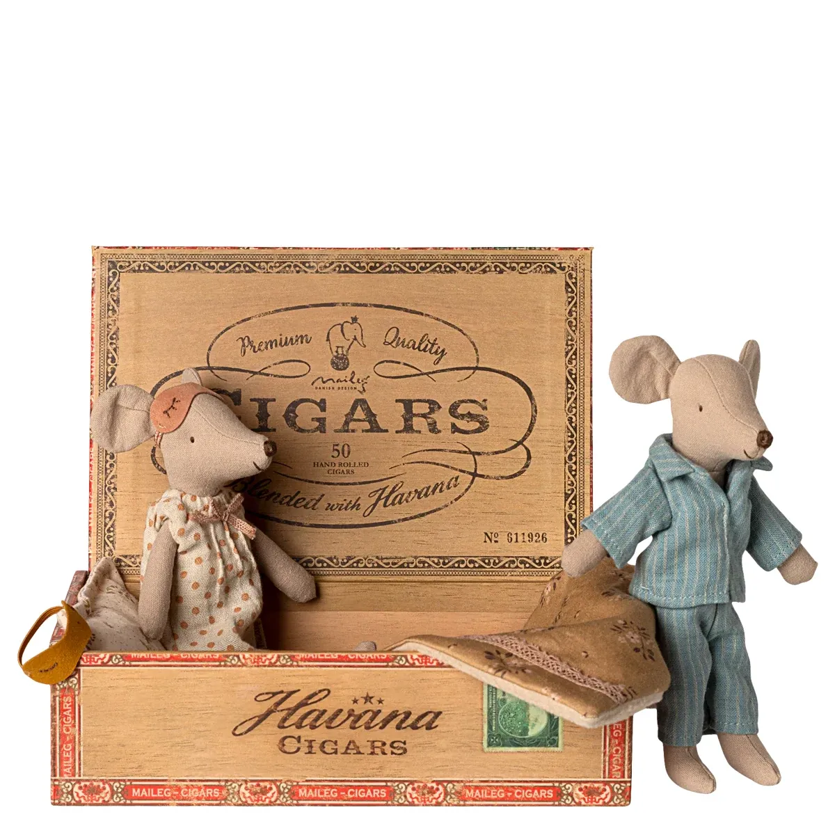 Maileg Mama und Papa Mäuse in Zigarrenkiste Bett Matratze Kissen Decke Stofftier