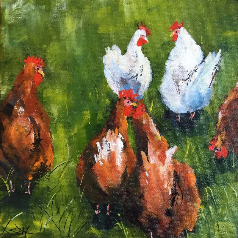 Hühner Original Gemälde Bild 20x20 cm