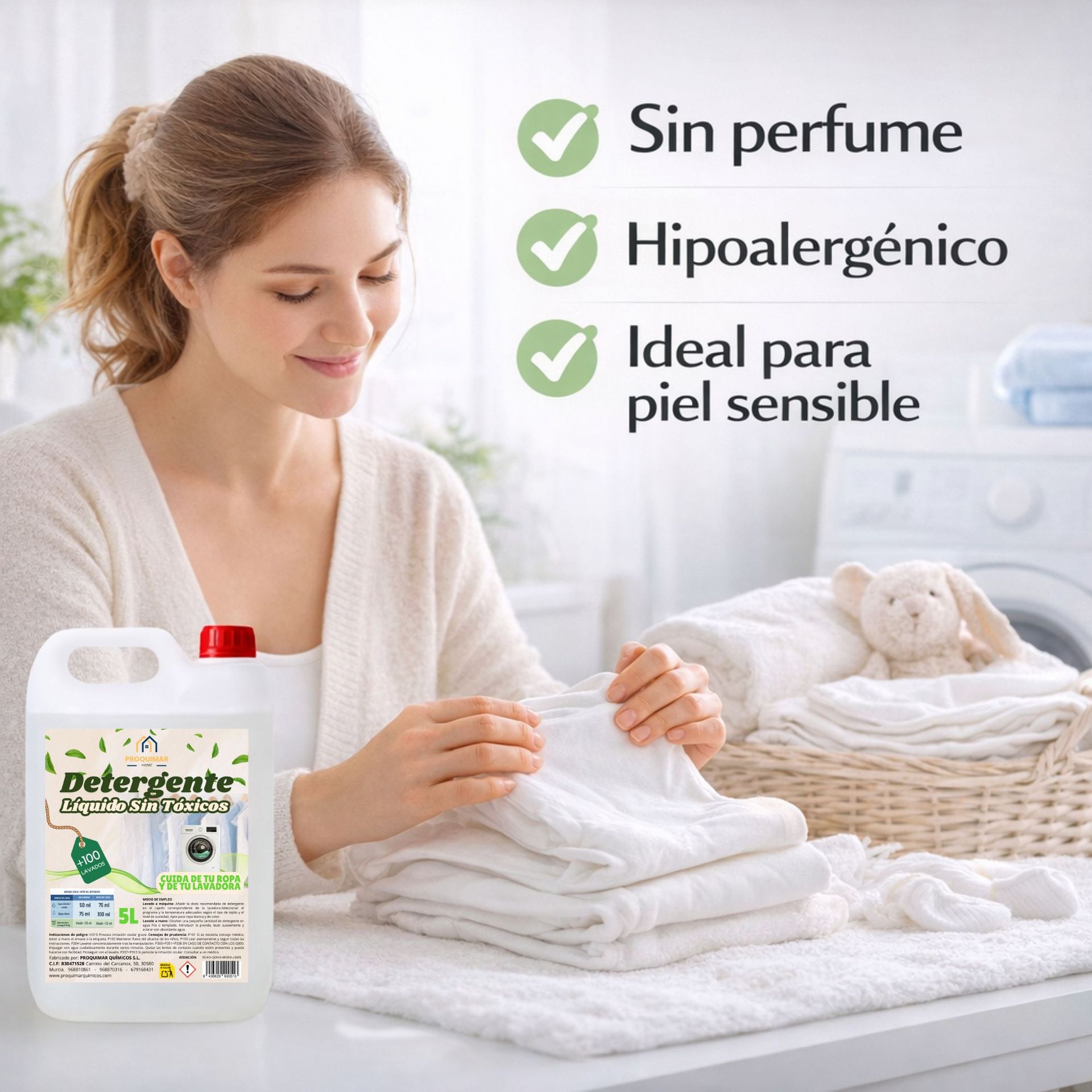 Detergente LĆquido HipoalergĆ©nico 5 Litros Sin Perfume ā MĆ”s de 100 Lavados ā Fórmula Suave para Piel Sensible y BebĆ© ā Apto para Ropa Blanca y Color