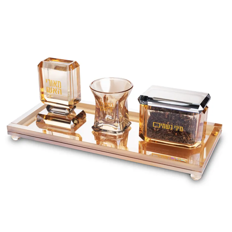 Set de Havdala de cristal rectangular dorado 34*15 cm