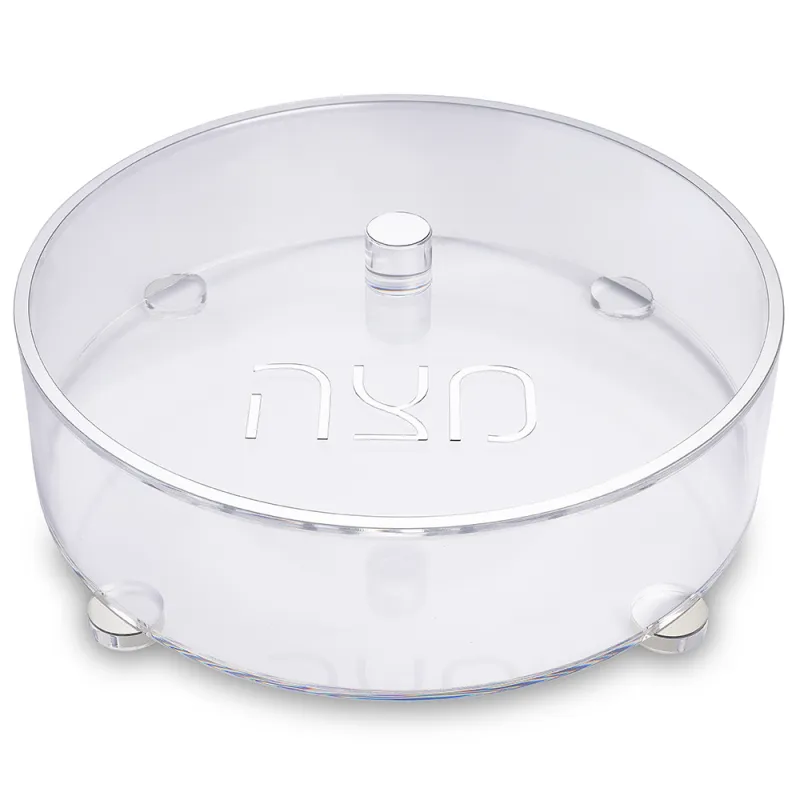 Caja de matza redonda transparente y detalles plateados 40 cm