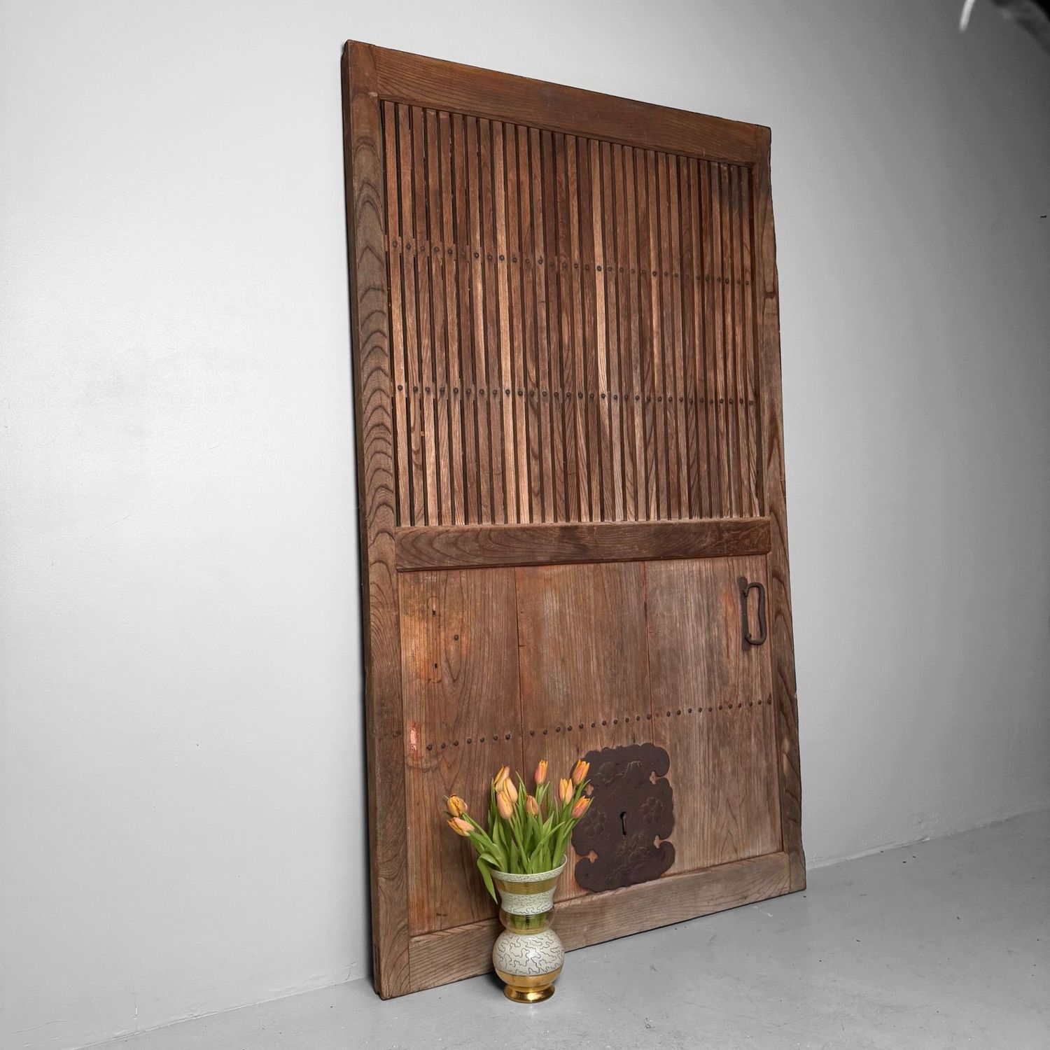 Antieke Japanse Houten Rolddeur, Authentiek Wandpaneel, 1890s