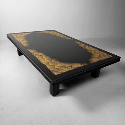Japanese Low Table, Black Lacquer, Chinkin Gold Decoration, 1970s