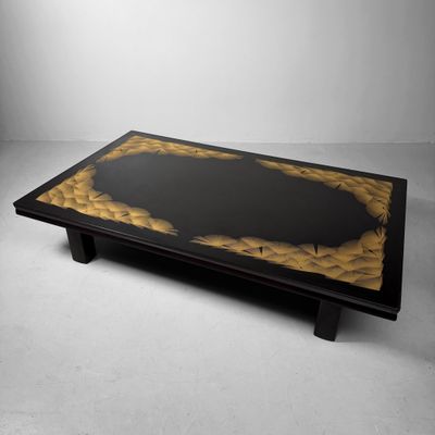 Japanese Low Table, Black Lacquer, Chinkin Gold Decoration, 1970s