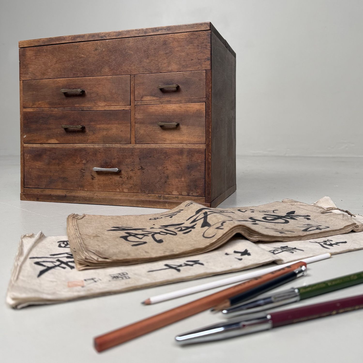 Japanese Writer’s Cabinet with Five Drawers and Top Compartment, 1920s