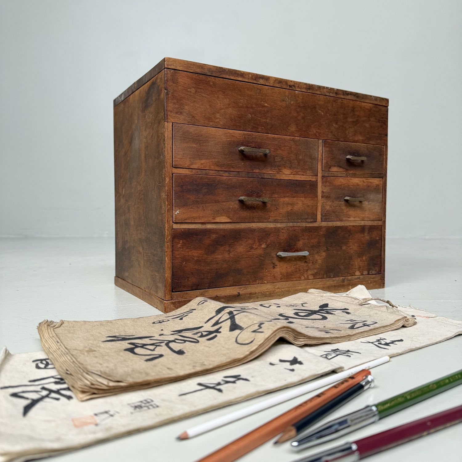 Japanese Writer’s Cabinet with Five Drawers and Top Compartment, 1920s
