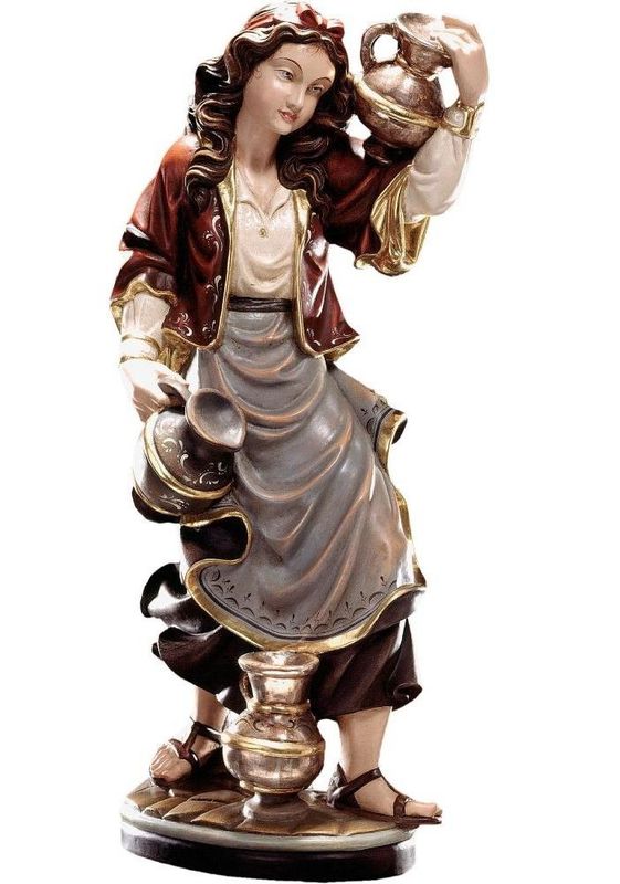Porteuse d'eau, femme avec des cruches, statue en bois
