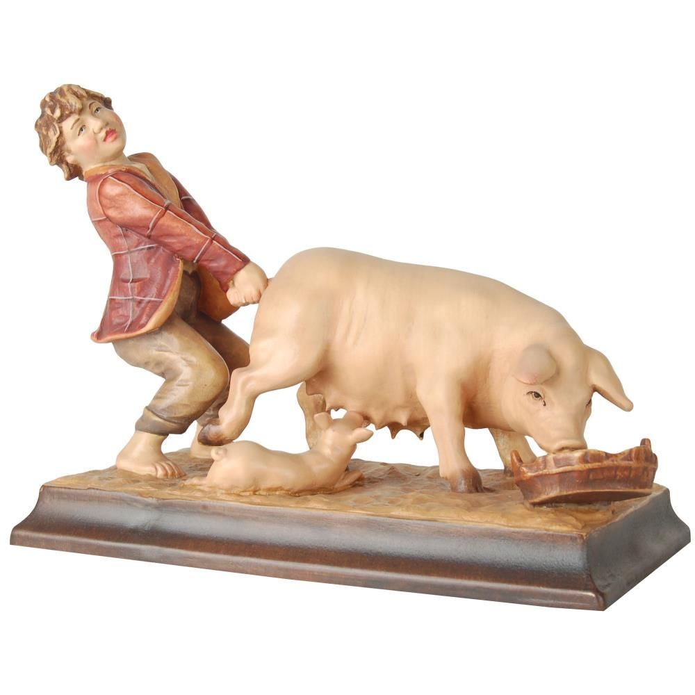 Hirtenjunge mit Schwein und Ferkel Statue aus Holz
