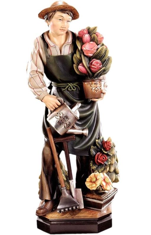 Jardinier/fleuriste avec fleurs, arrosoir et outils, statue en bois