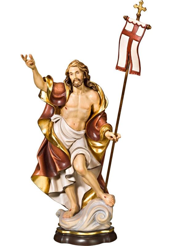 Jésus ressuscité avec drapeau, statue de Pâques en bois