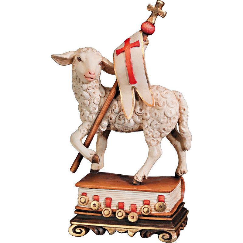 Agneau de Pâques avec drapeau sur un livre à sept sceaux, statue en bois