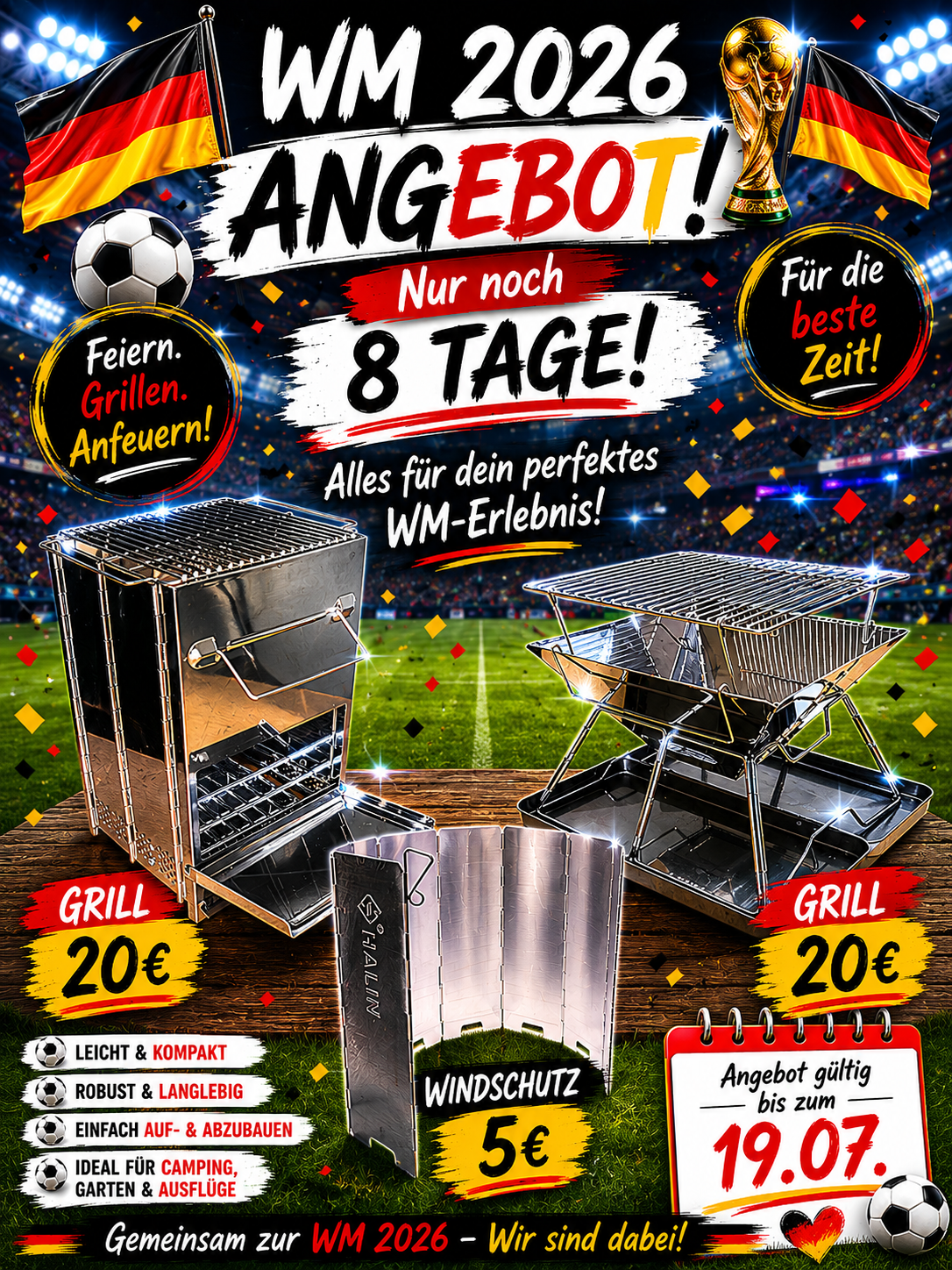 Campinggrill faltbar aus Edelstahl Grillrostgröße 20x20