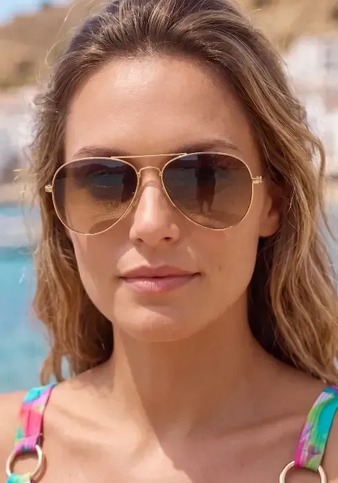 Close up of a model wearing the Ace Aviator Golden Sun Readers