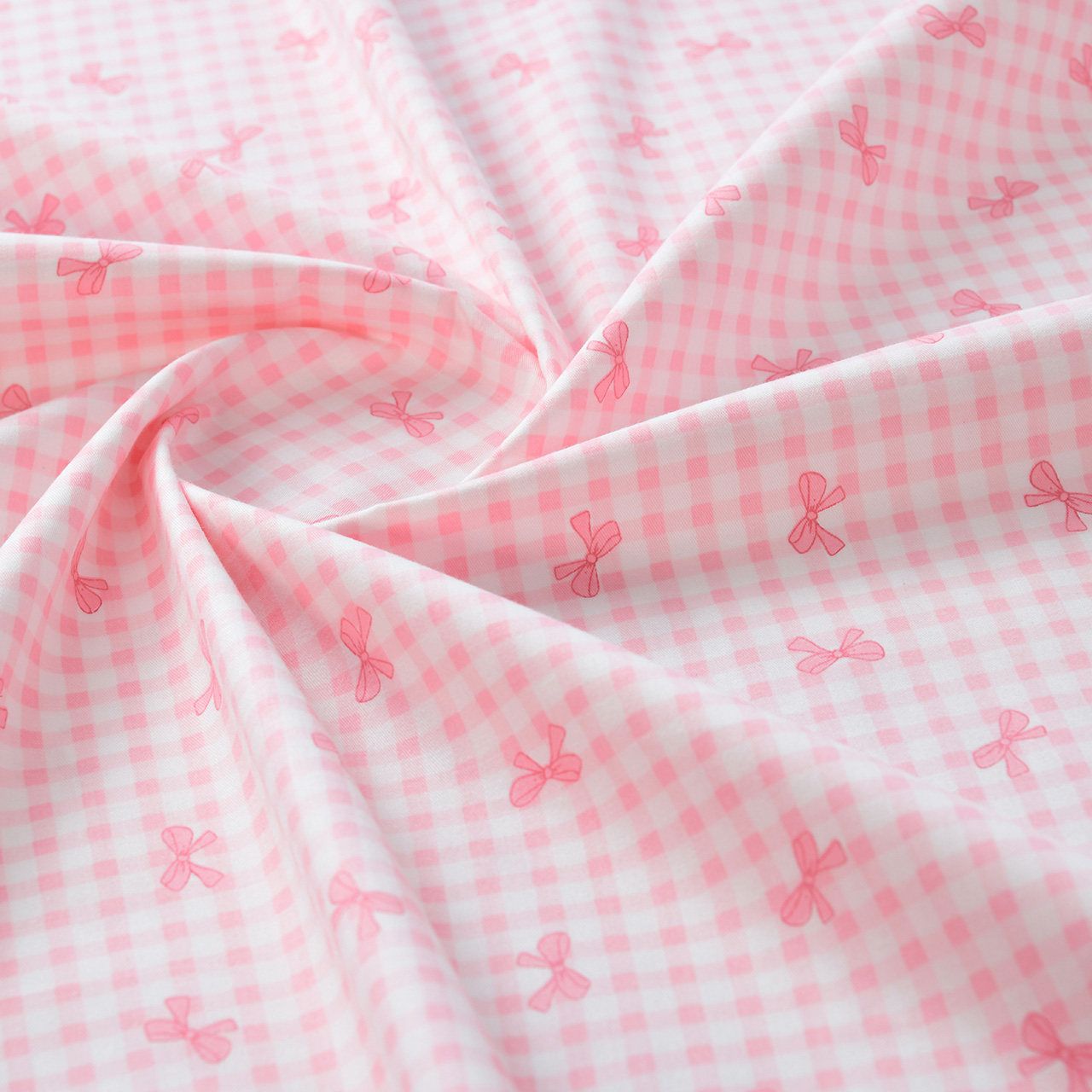 Pink Gingham &amp; Bows | Twill-weave Cotton Woven | 160cm wide