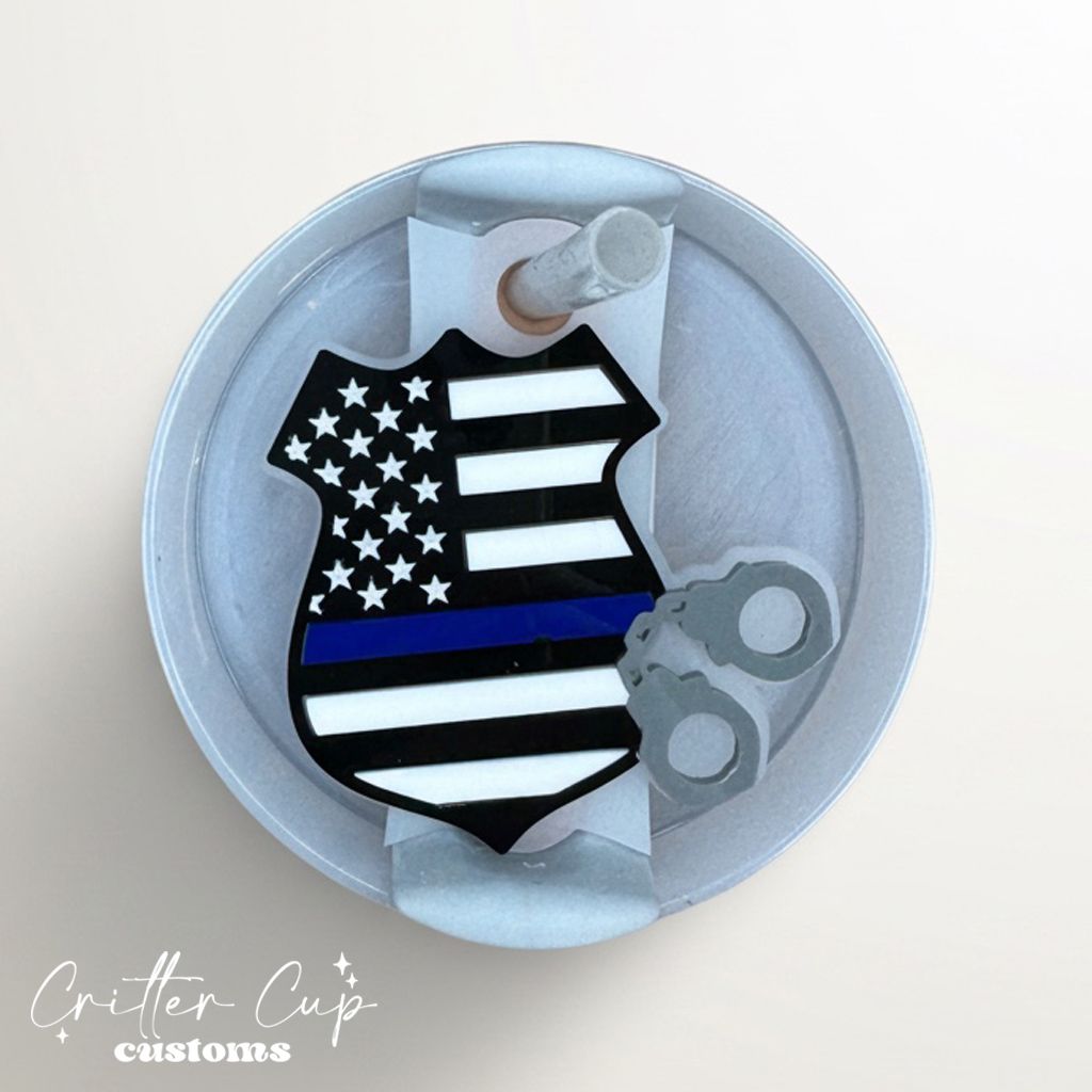 Police Stanley Name Plate, Custom Back the Blue Flag Stanley Topper