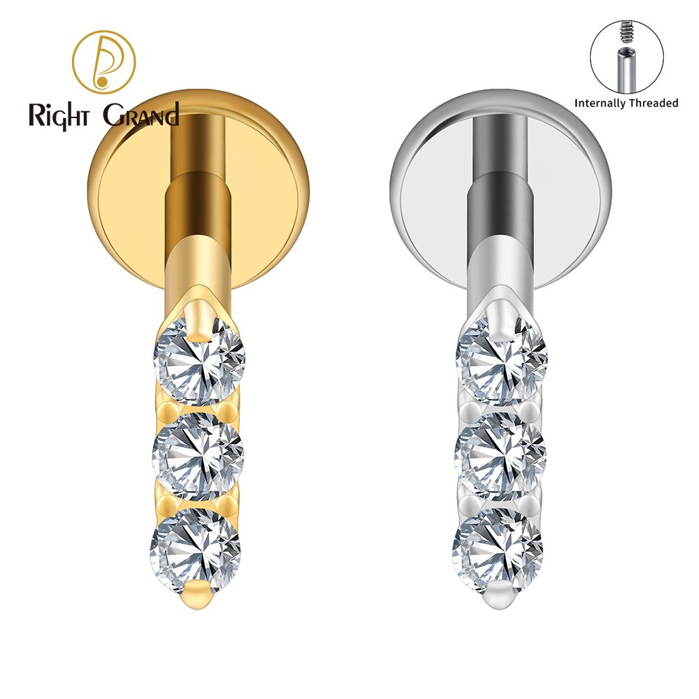 Right Grand ASTM F136 Titanium Internal Thread 16G Triple CZ Flat Back Stud Cartilage Earring Helix Tragus Nose Piercing Jewelry