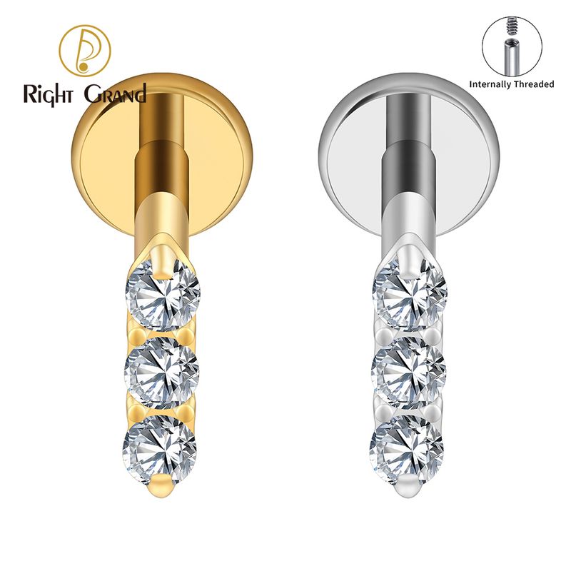 Right Grand ASTM F136 Titanium Internal Thread 16G Triple CZ Flat Back Stud Cartilage Earring Helix Tragus Nose Piercing Jewelry