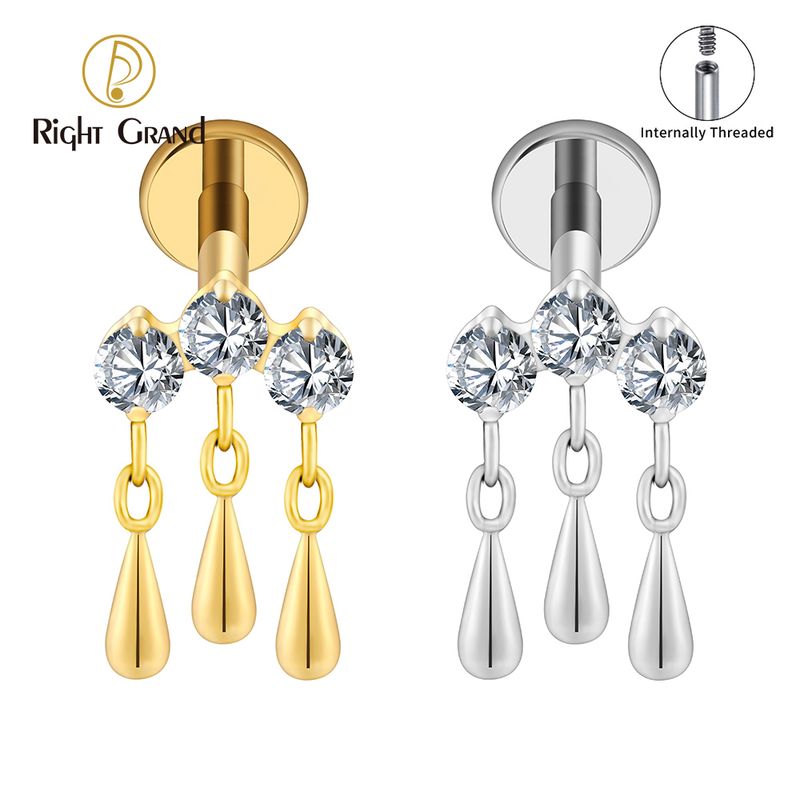 Right Grand ASTM F136 Titanium Internal Thread 16G Triple CZ Waterdrop Dangle Flat Back Stud Cartilage Earring Helix Tragus Nose Piercing Jewelry