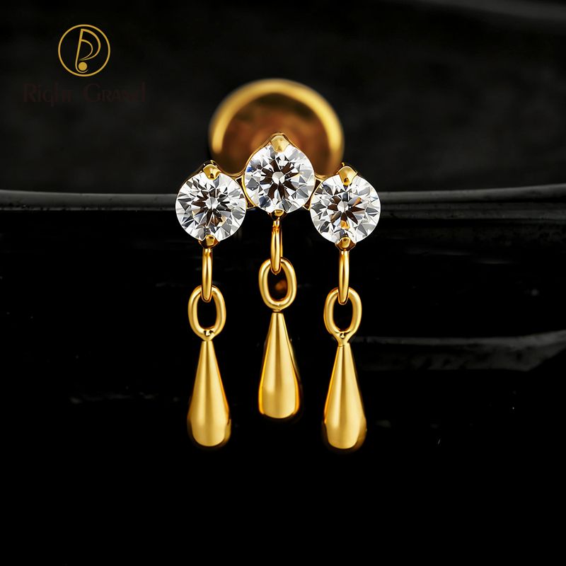 Right Grand ASTM F136 Titanium Internal Thread 16G Triple CZ Waterdrop Dangle Flat Back Stud Cartilage Earring Helix Tragus Nose Piercing Jewelry