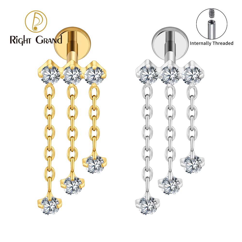 Right Grand ASTM F136 Titanium Internal Thread 16G Triple CZ Dangle Chain Flat Back Stud Cartilage Earring Helix Tragus Nose Piercing Jewelry