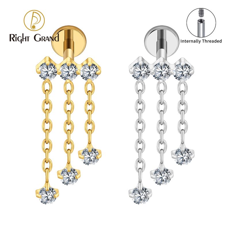 Right Grand ASTM F136 Titanium Internal Thread 16G Triple CZ Dangle Chain Flat Back Stud Cartilage Earring Helix Tragus Nose Piercing Jewelry