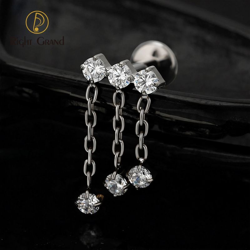 Right Grand ASTM F136 Titanium Internal Thread 16G Triple CZ Dangle Chain Flat Back Stud Cartilage Earring Helix Tragus Nose Piercing Jewelry