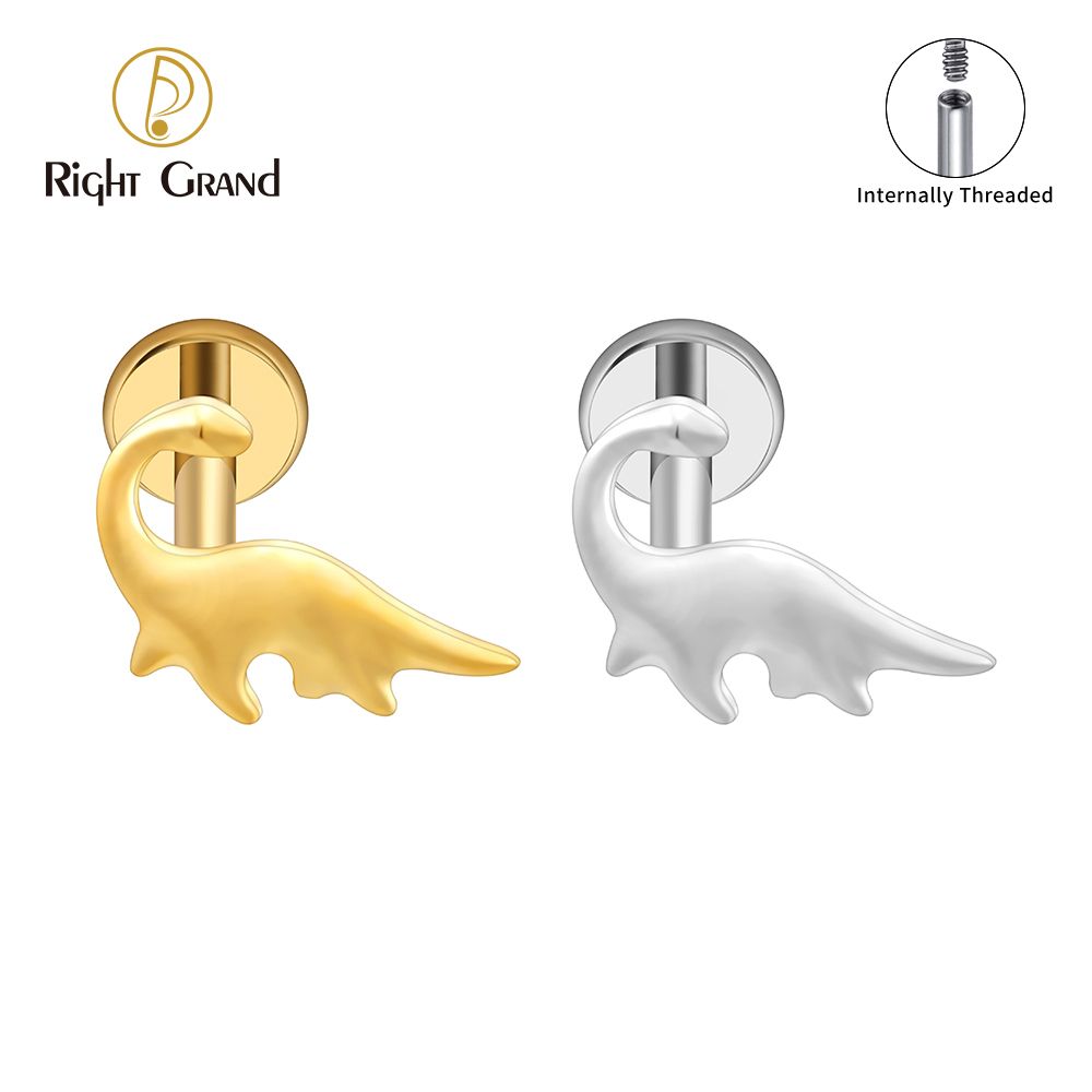 Right Grand ASTM F136 Titanium Internal Thread Dinosaur Labret Ring 16G Flat Back Cartilage Stud Earring Conch Helix Lip Piercing Jewelry