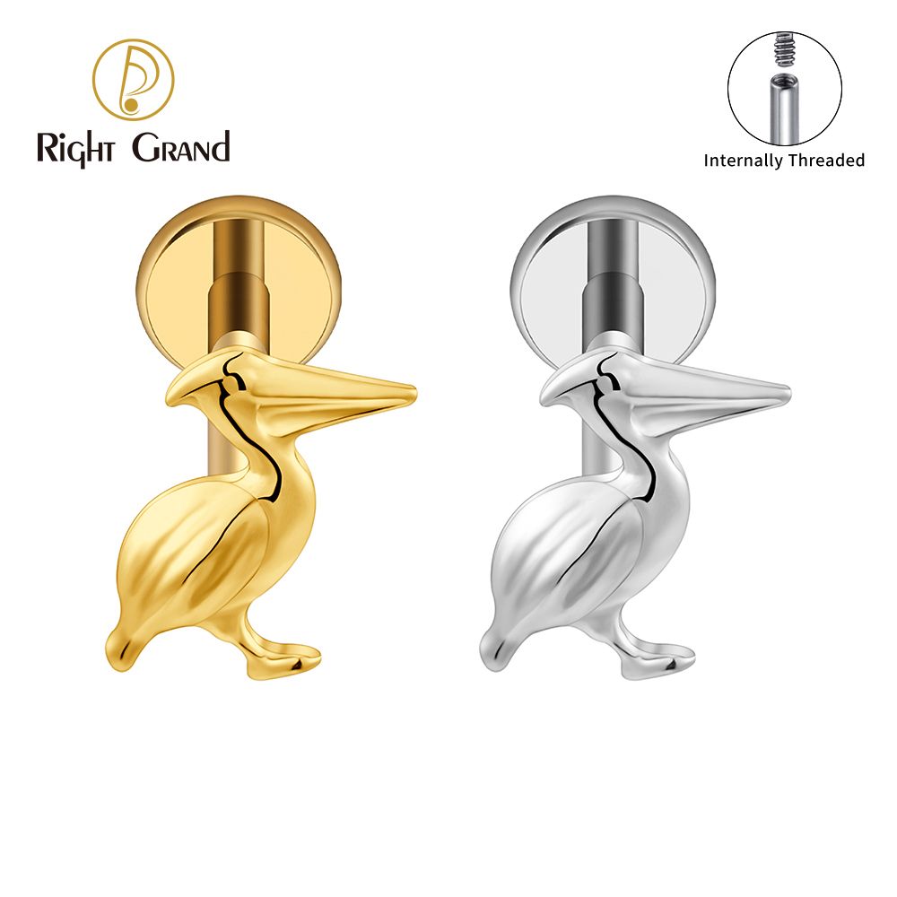 Right Grand ASTM F136 Titanium Internal Thread Pelican Labret Ring 16G Flat Back Cartilage Stud Earring Conch Helix Lip Piercing Jewelry