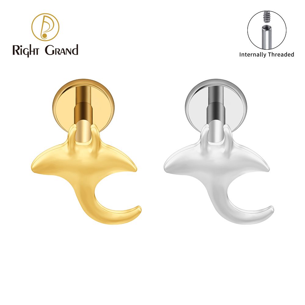 Right Grand ASTM F136 Titanium Internal Thread Manta Labret Ring 16G Flat Back Cartilage Stud Earring Conch Helix Lip Piercing Jewelry