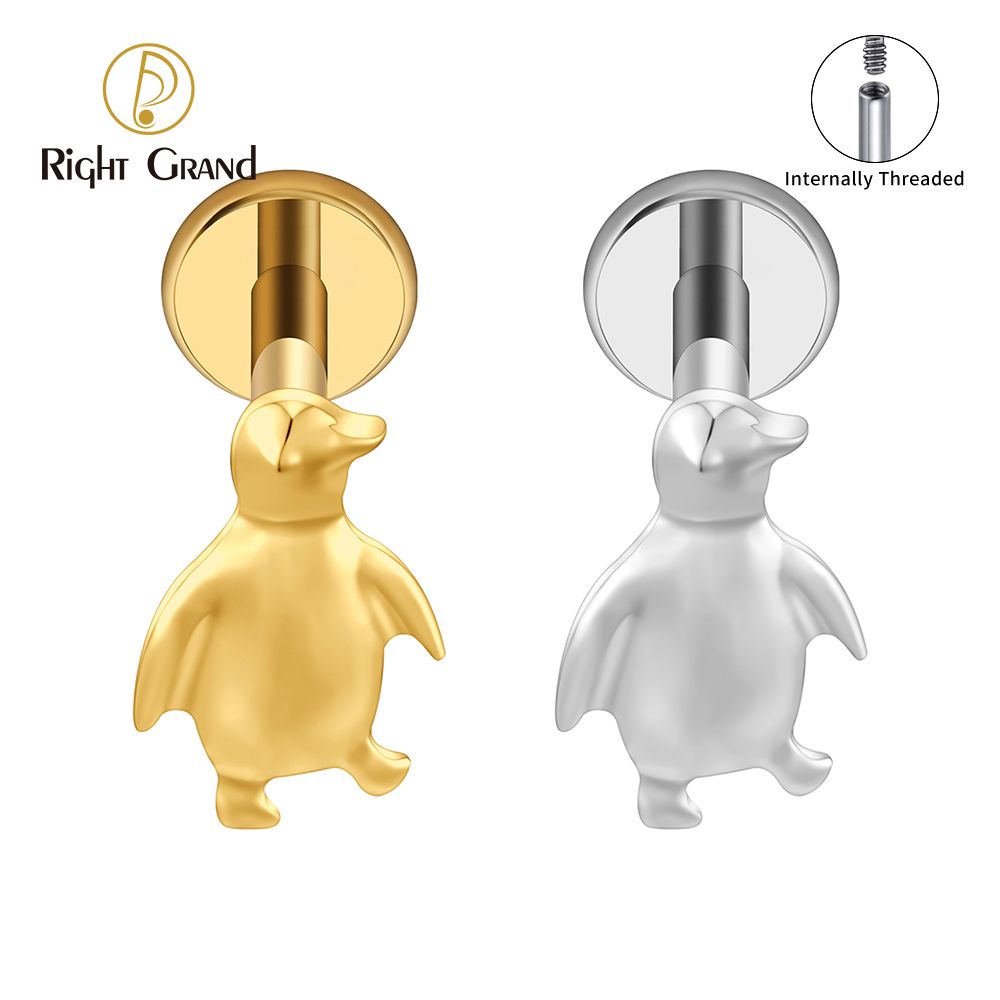 Right Grand ASTM F136 Titanium Internal Thread Penguin Labret Ring 16G Flat Back Cartilage Stud Earring Conch Helix Lip Piercing Jewelry