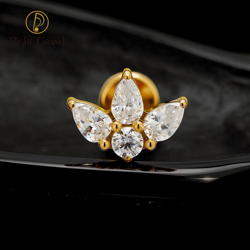 Right Grand ASTM F136 Titanium 16G Internal Thread Triple Waterdrop CZ Labret Stud Helix Conch Cartilage Tragus Flat Back Piercing
