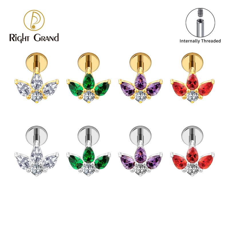 Right Grand ASTM F136 Titanium 16G Internal Thread Triple Waterdrop CZ Labret Stud Helix Conch Cartilage Tragus Flat Back Piercing