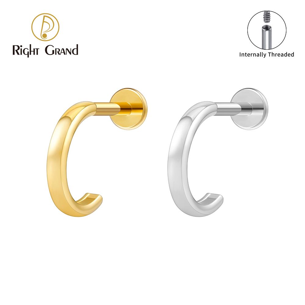 Right Grand ASTM F136 Titanium Internal Thread Mirror Polish C Labret Ring 16G Flat Back Cartilage Stud Earring Conch Helix Lip Piercing Jewelry