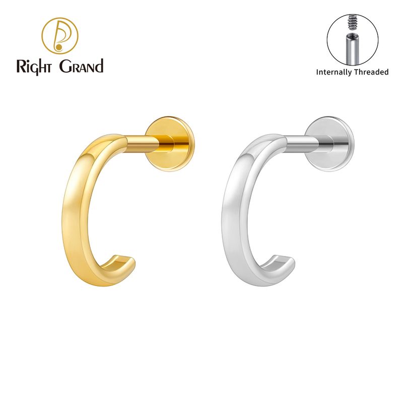 Right Grand ASTM F136 Titanium Internal Thread Mirror Polish C Labret Ring 16G Flat Back Cartilage Stud Earring Conch Helix Lip Piercing Jewelry